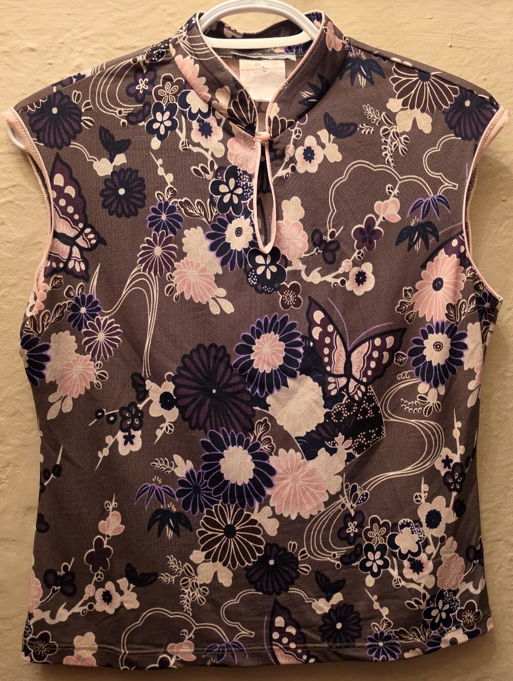 Y2K Made in Canada Floral Butterfly Mandarin Collar Mesh Top M-L